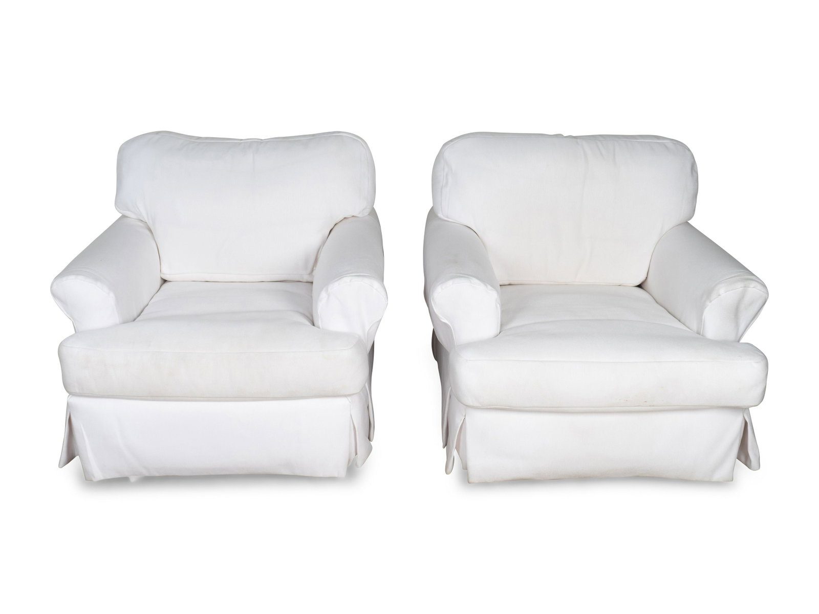 A Suite of White Cotton Upholstered Seating Furniture: A Suite of White Cotton Upholstered Seating Furniture 20TH/21ST CENTURY comprising a sofa, a love seat and two club chairs Sofa, Height 28 x width 91 x depth 40 inches; love seat, width 78 inches; and