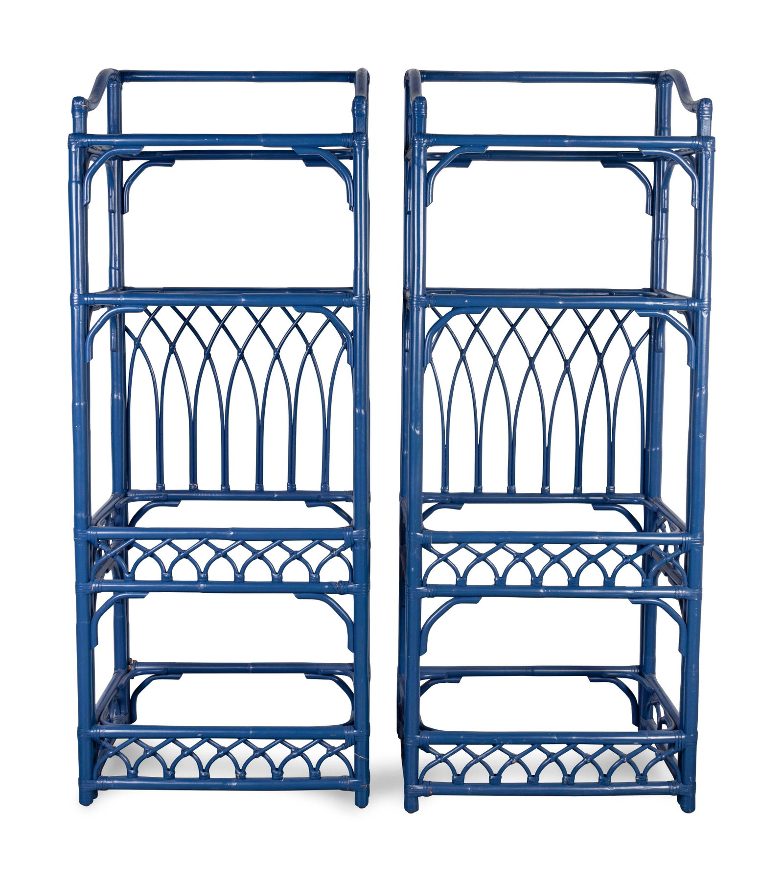 A Pair of Contemporary Blue-Painted Rattan Bookshelves: A Pair of Contemporary Blue-Painted Rattan Bookshelves 20TH/21ST CENTURY Height 78 x width 30 x depth 18 1/2 inches.