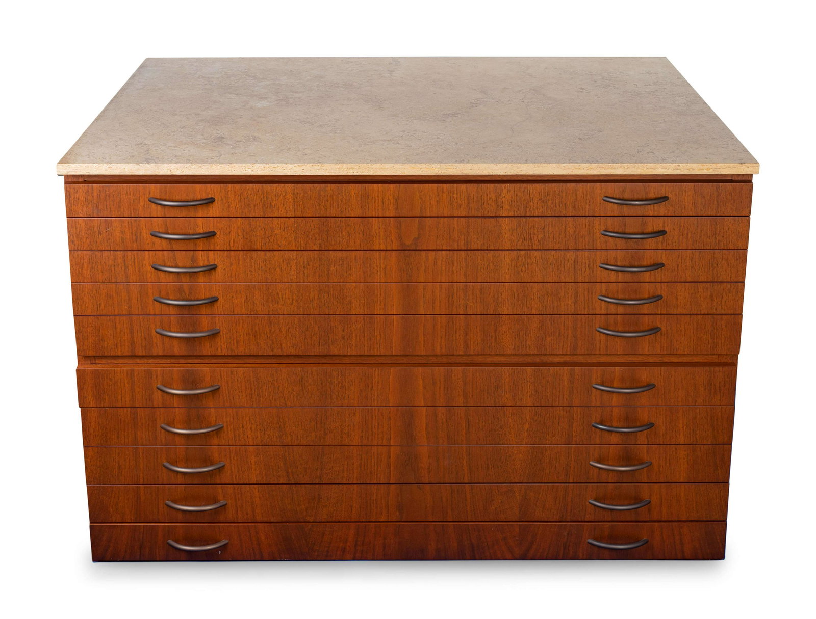A Contemporary Flat File Cabinet Height 34 3/4 x length: A Contemporary Flat File Cabinet 20TH CENTURY having ten drawers; with travertine top. Height 34 3/4 x length 46 1/2 x depth 35 inches. Property from the Collection of Dr. Robert C. Springborn and Mrs