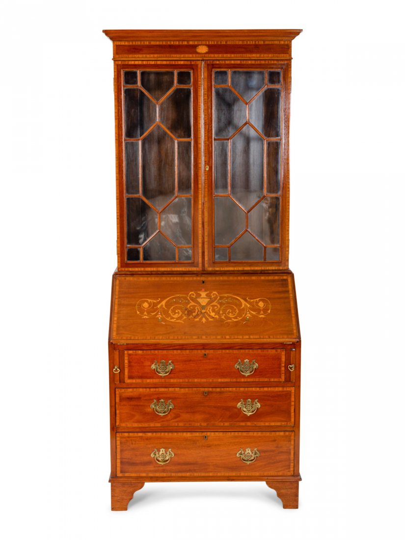 An Edwardian Inlaid Mahogany Secretary Bookcase: An Edwardian Inlaid Mahogany Secretary Bookcase LATE 19TH/EARLY 20TH CENTURYHeight 76 x width 30 x depth 18 inches.