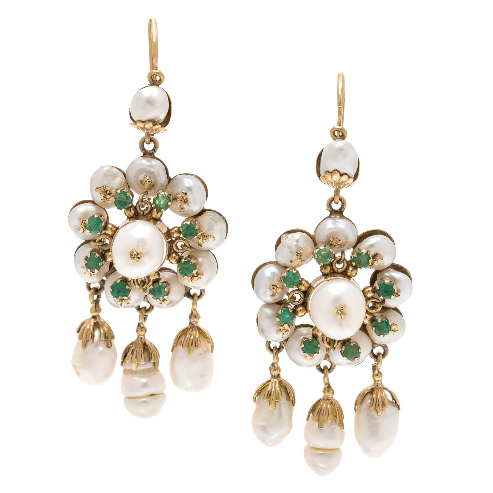 CULTURED PEARL AND EMERALD DROP EARRINGS: CULTURED PEARL AND EMERALD DROP EARRINGS Containing 28 Baroque and button shaped pearls and 16 round mixed cut emeralds measuring approximately 2.60 mm in diameter. Mounted in yellow gold. 2 1/4 inche
