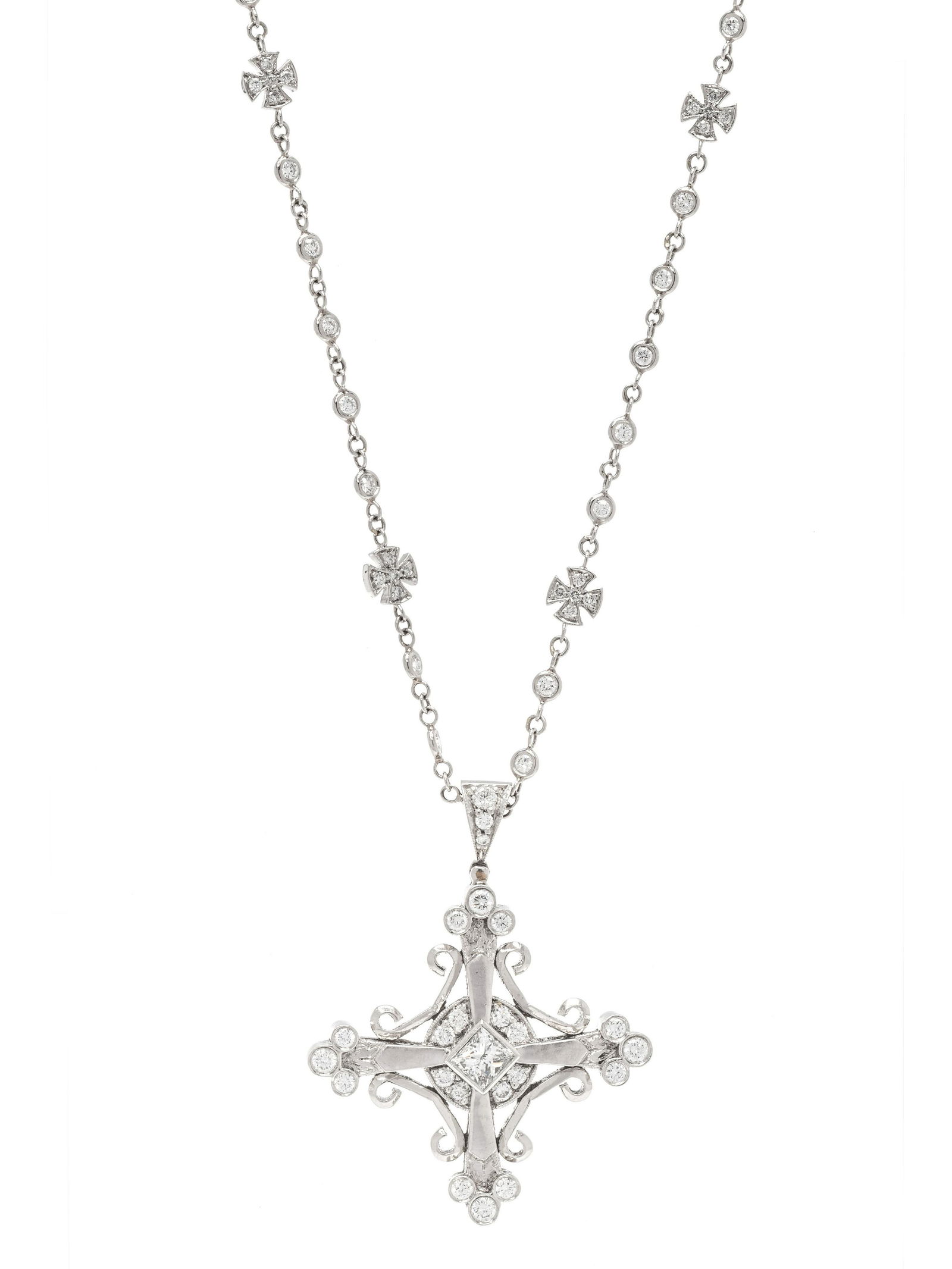 MICHAEL BEAUDRY, PLATINUM AND DIAMOND NECKLACE: MICHAEL BEAUDRY, PLATINUM AND DIAMOND NECKLACE Consisting of a Maltese cross pendant containing one princess cut diamond weighing approximately 0.30 carat and 23 round brilliant cut diamonds weighing