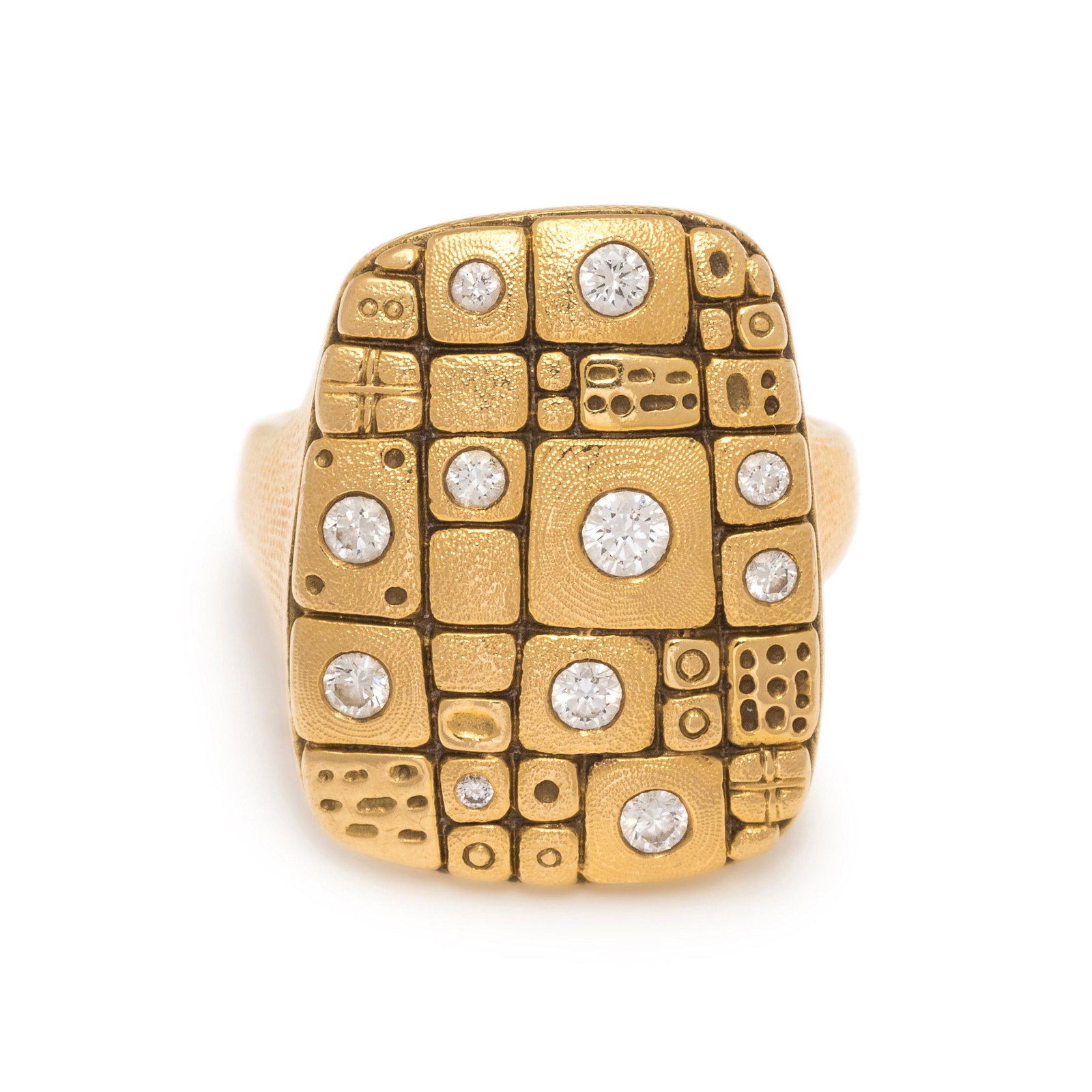 ALEX SEPKUS, YELLOW GOLD AND DIAMOND RING: ALEX SEPKUS, YELLOW GOLD AND DIAMOND RING Containing 11 round brilliant cut diamonds weighing approximately 0.40 carat total in a textured modernist design. Ring size 5 3/4. Stamp: Alex Sepkus 750. 5.