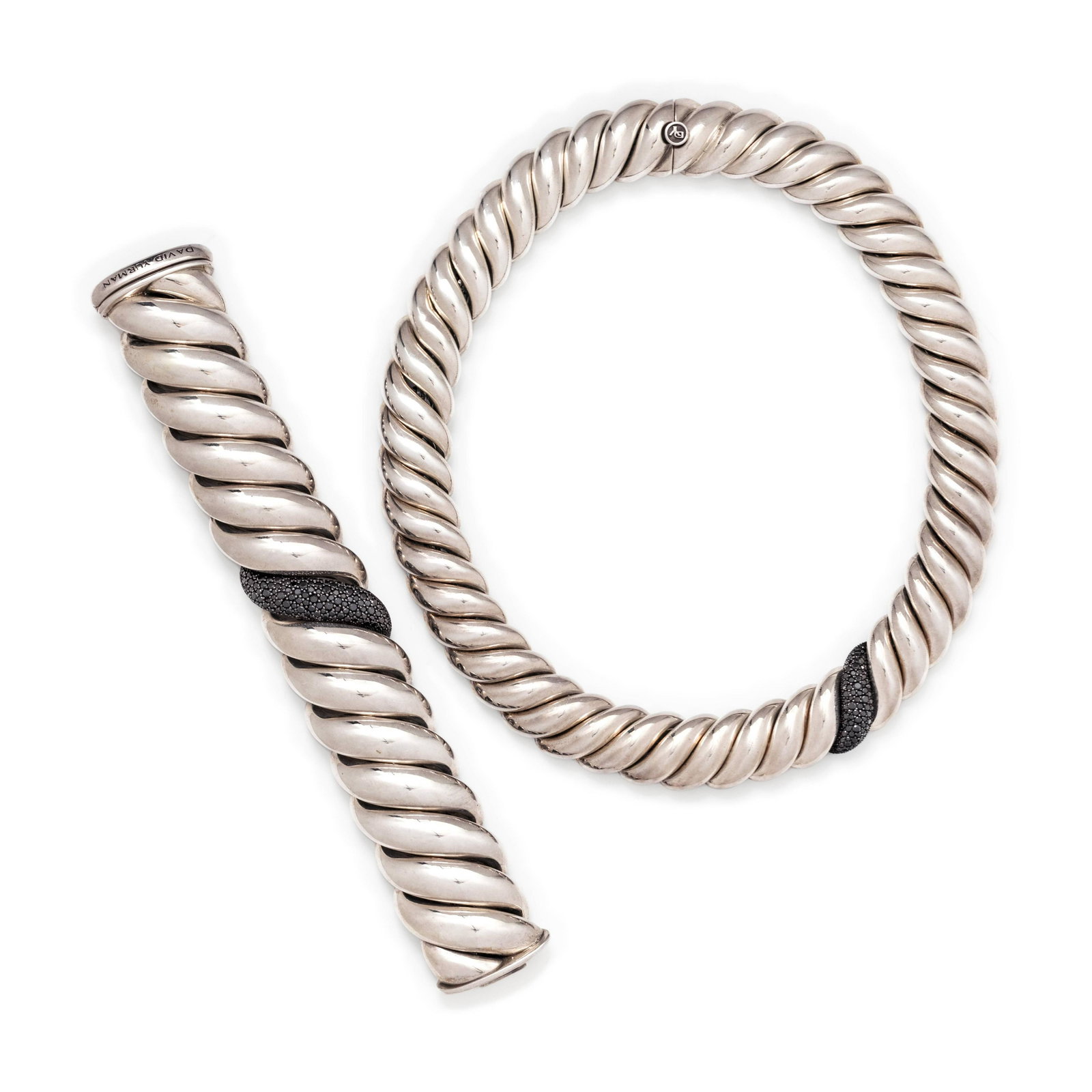 DAVID YURMAN, STERLING SILVER AND BLACK DIAMOND 'PURE: DAVID YURMAN, STERLING SILVER AND BLACK DIAMOND 'PURE FORM CABLE' SET Consisting of a flexible link necklace measuring approximately 18.00 mm wide, with one link containing numerous round mixed cut bl