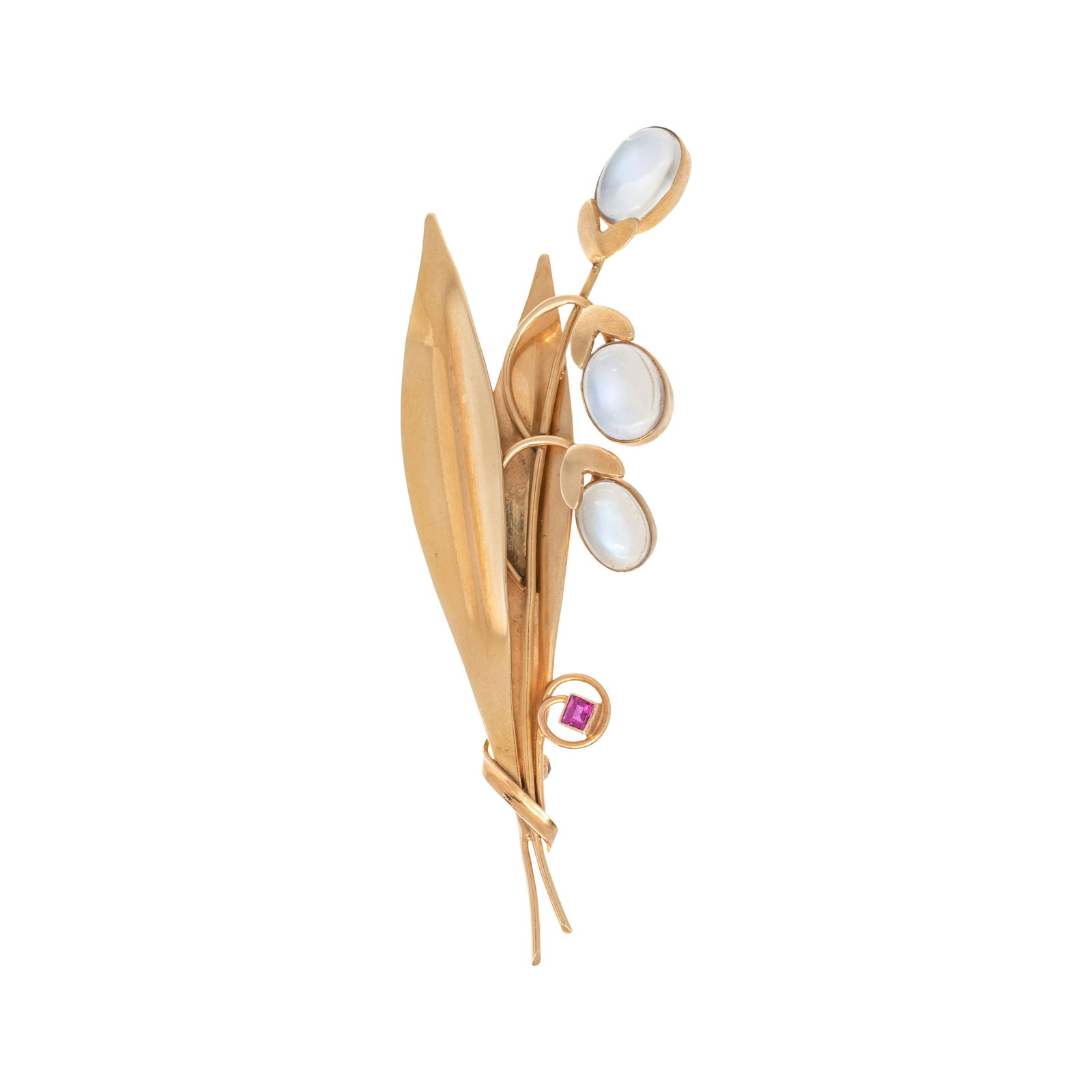 YELLOW GOLD, MOONSTONE AND RUBY BROOCH: YELLOW GOLD, MOONSTONE AND RUBY BROOCH Consisting of a stylized leaf and flower motif containing three oval cabochon moonstones and one square step cut ruby. 3 inches x 1 inch. Stamp: (maker's mark fo
