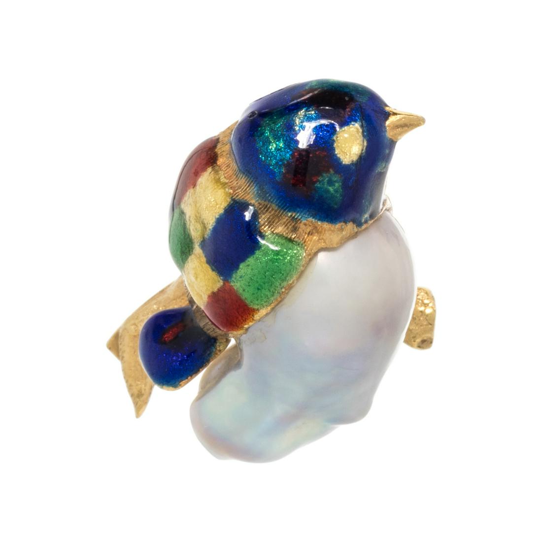 CULTURED BAROQUE PEARL AND ENAMEL BIRD BROOCH: CULTURED BAROQUE PEARL AND ENAMEL BIRD BROOCH Consisting of a yellow gold bird containing one Baroque pearl measuring approximately 15.60 x 7.20 mm with blue, green and red enamel detail. 3/4 x 5/8 in