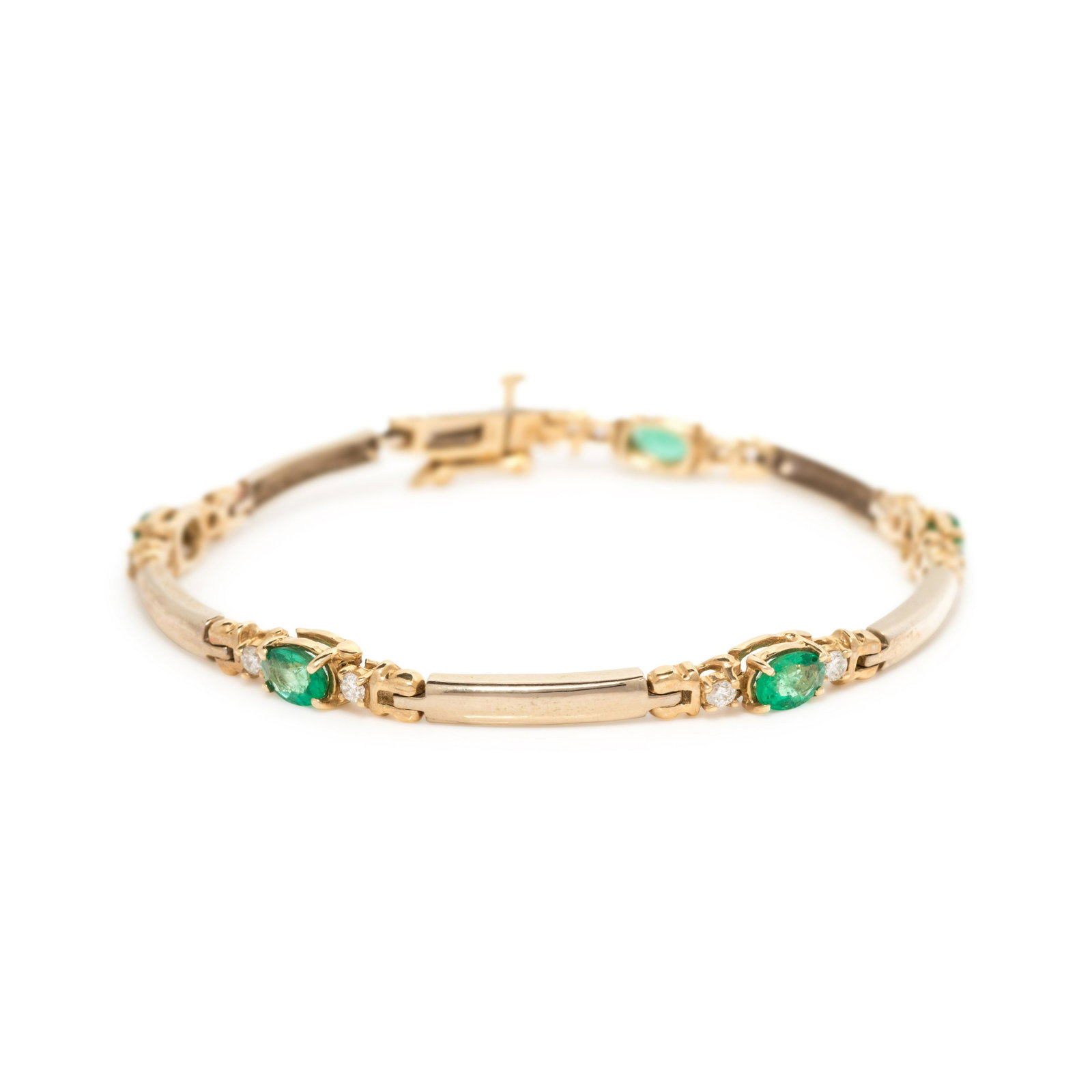 EMERALD AND DIAMOND BRACELET: EMERALD AND DIAMOND BRACELET Containing five oval mixed cut emeralds measuring approximately 5.80 x 4.00 mm and 10 round brilliant cut diamonds weighing approximately 0.35 carat total. Mounted in yell