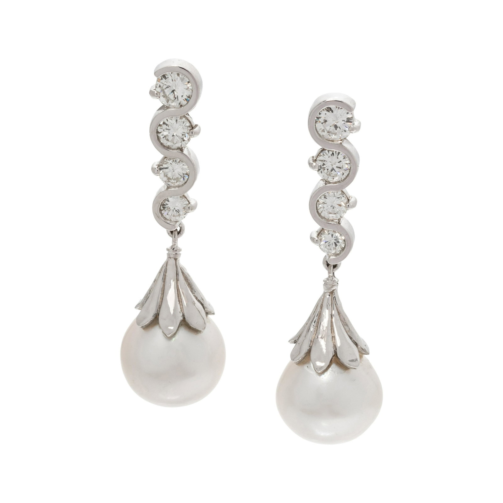 DIAMOND AND CULTURED BAROQUE PEARL EARRINGS: DIAMOND AND CULTURED BAROQUE PEARL EARRINGS Containing eight round brilliant cut diamonds weighing approximately 1.30 carats total and two Baroque pearl drops measuring approximately 11.70 mm in diame