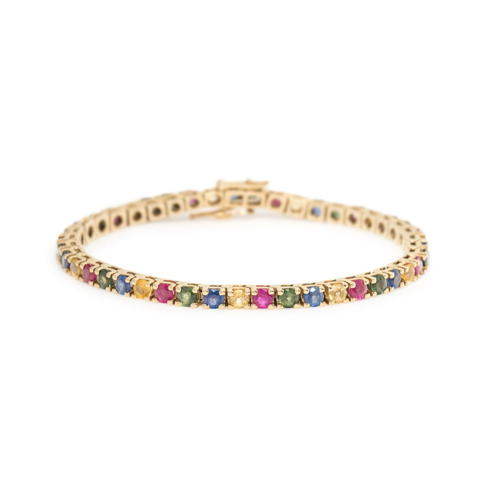 MULTICOLOR SAPPHIRE BRACELET: MULTICOLOR SAPPHIRE BRACELET Containing 44 round mixed cut sapphires of various color. Mounted in yellow gold. 7 inches long. Stamp: 14K. 9.40 dwt.