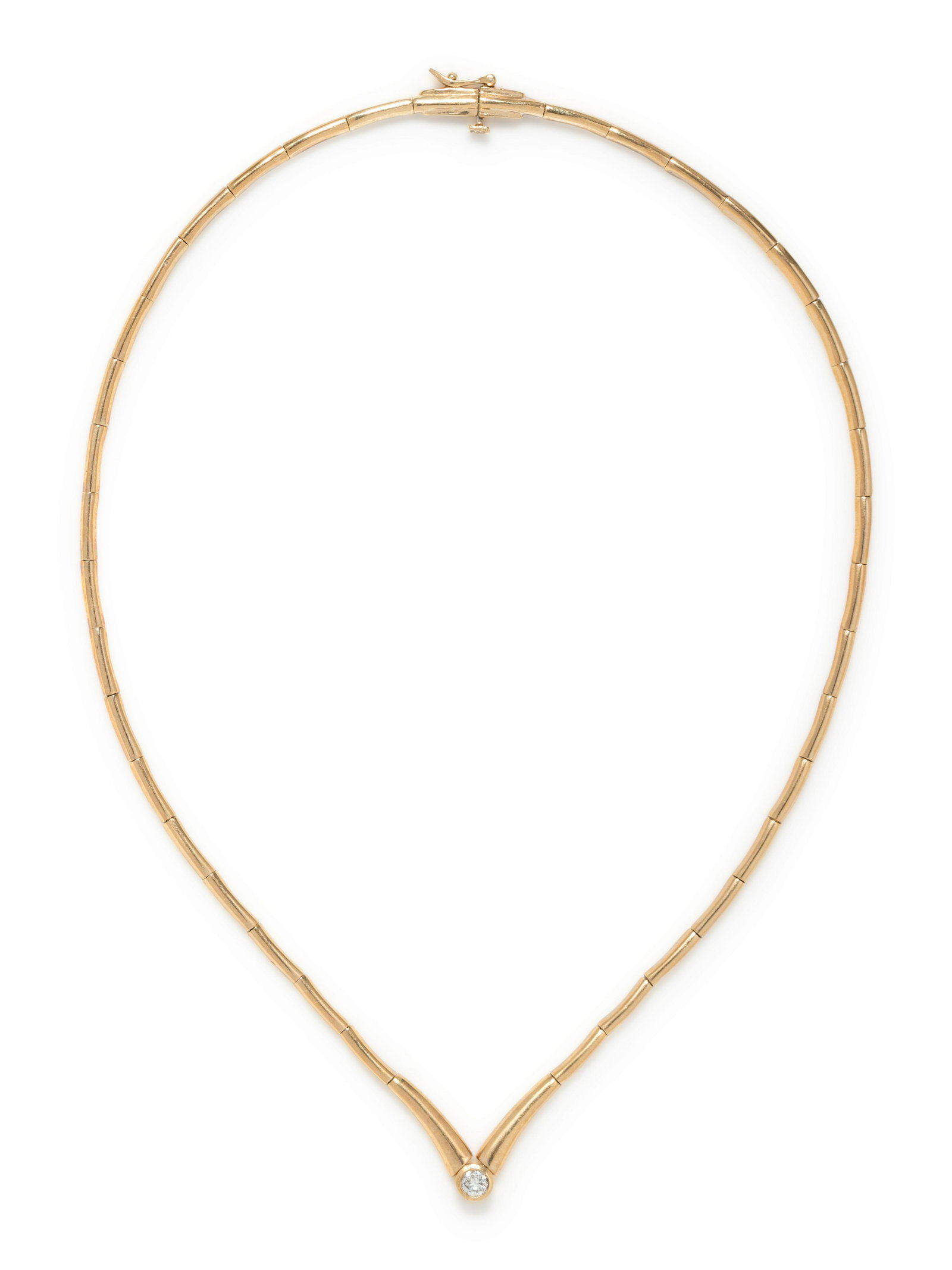 YELLOW GOLD AND DIAMOND COLLAR NECKLACE: YELLOW GOLD AND DIAMOND COLLAR NECKLACE Containing one round brilliant cut diamond weighing approximately 0.25 carat. 15 1/2 inches long. Stamp: 14K. 11.70 dwt.