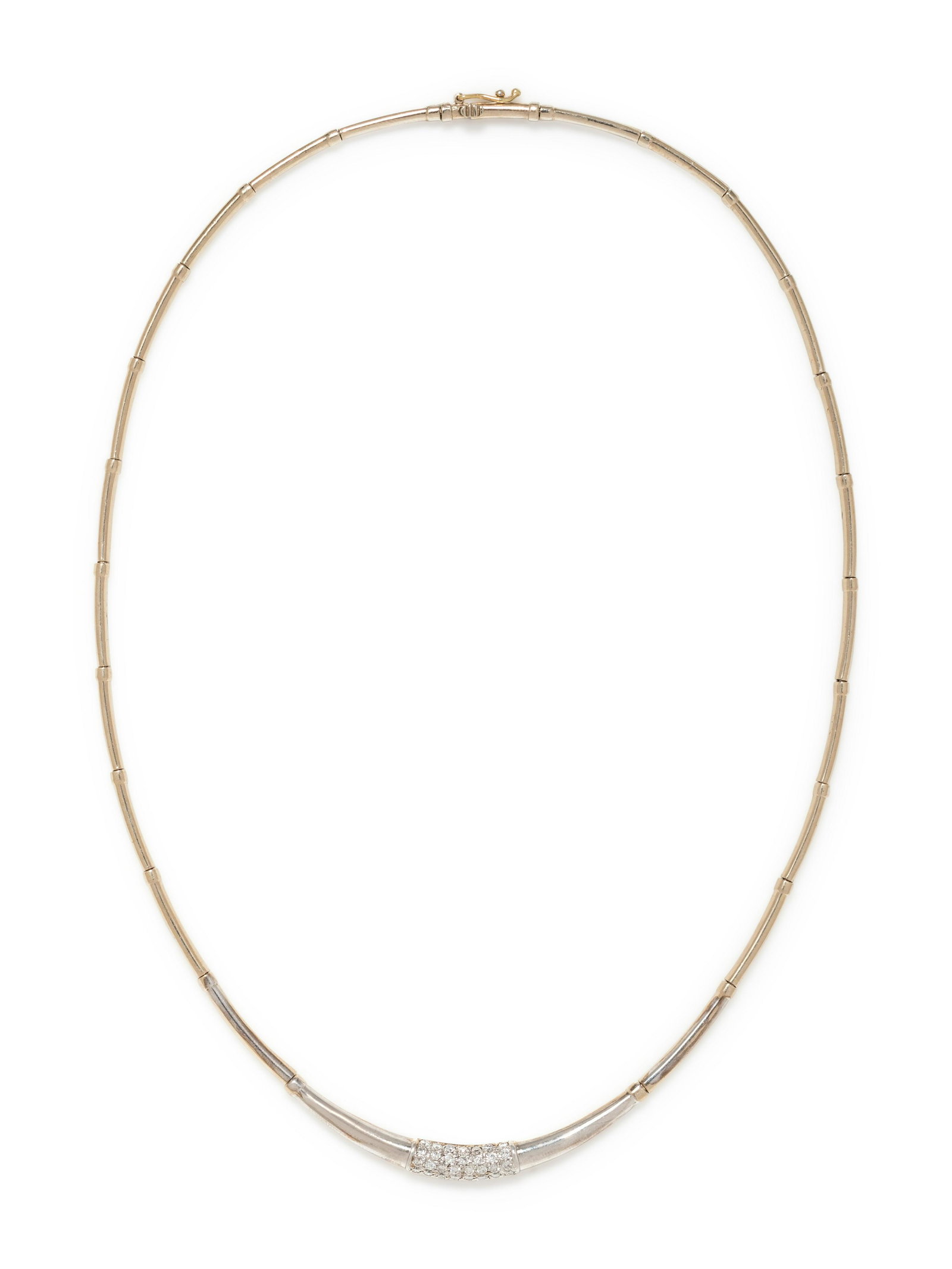 WHITE GOLD AND DIAMOND COLLAR NECKLACE: WHITE GOLD AND DIAMOND COLLAR NECKLACE Containing 30 round brilliant cut diamonds weighing approximately 0.30 carat total. 16 1/2 inches long. Stamp: K14. 8.55 dwt.