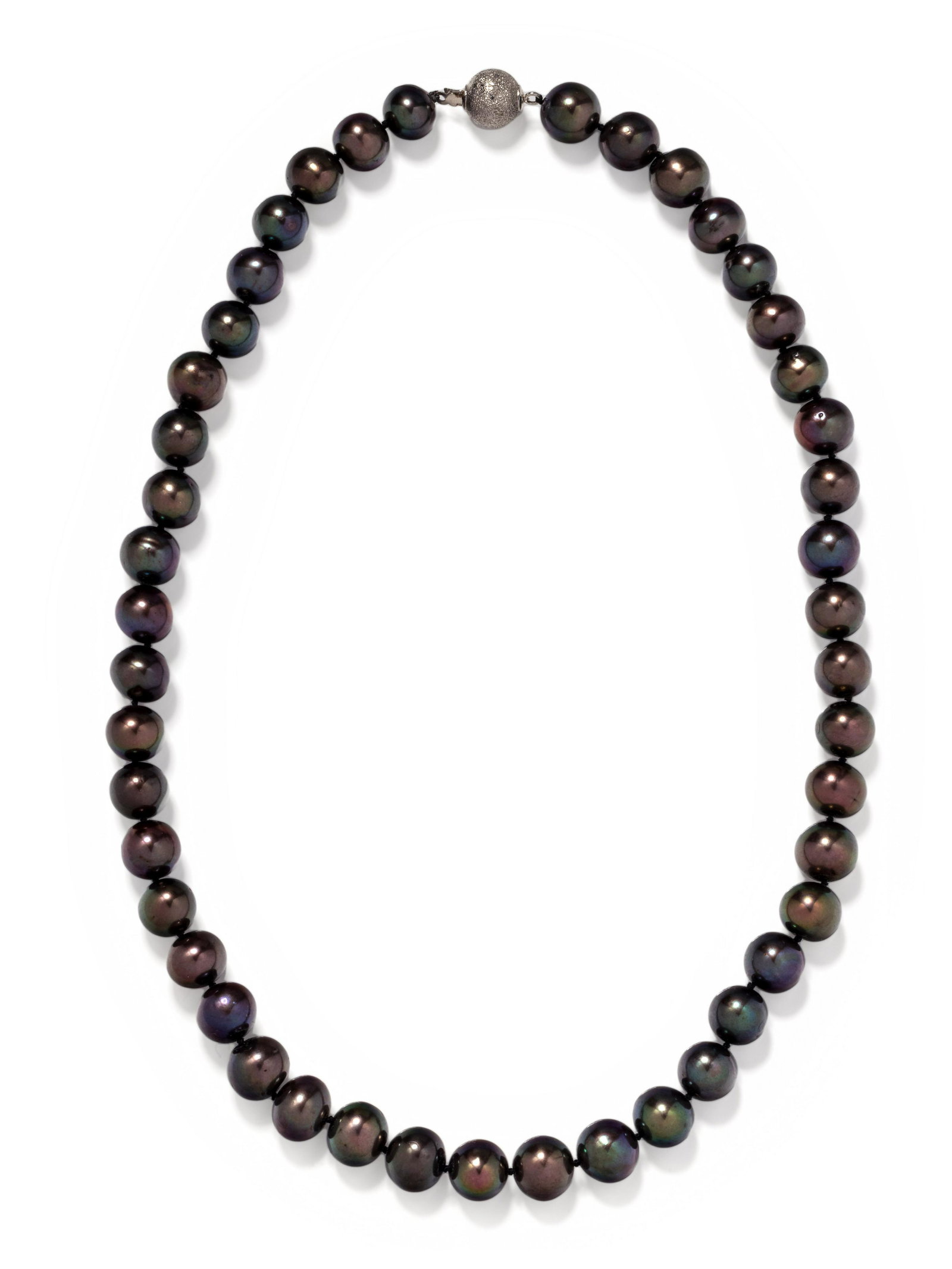 CULTURED TAHITIAN PEARL NECKLACE: CULTURED TAHITIAN PEARL NECKLACE Containing out of round pearls measuring approximately 9.65-10.75 mm in diameter, strung knotted with a base metal clasp. 19 1/4 inches long. 43.30 dwt. Property from 