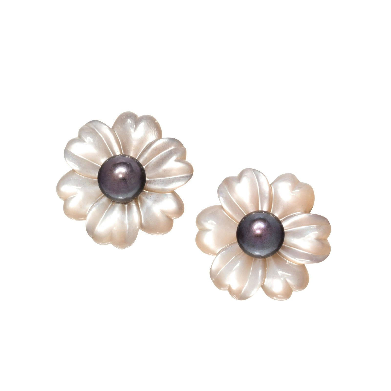CULTURED TAHITIAN PEARL AND MOTHER-OF-PEARL FLOWER: CULTURED TAHITIAN PEARL AND MOTHER-OF-PEARL FLOWER EARCLIPS Containing two button shaped Tahitian pearls measuring approximately 9.90 mm in diameter, with carved mother-of-pearl petals. Mounted in yel