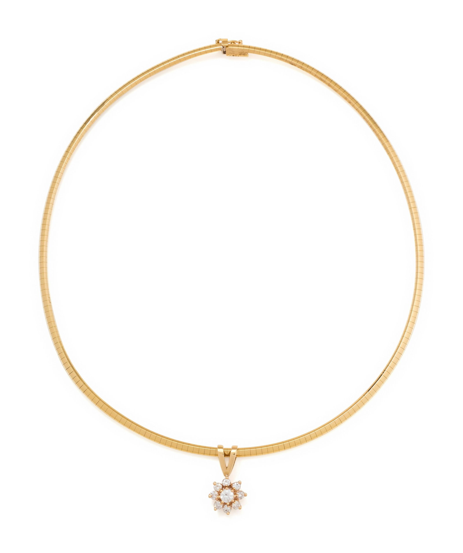 DIAMOND PENDANT/NECKLACE: DIAMOND PENDANT/NECKLACE Consisting of a pendant containing nine round brilliant cut diamonds weighing approximately 0.80 carat total, suspended from an omega chain. 15 1/2 inches long. Pendant stamp:
