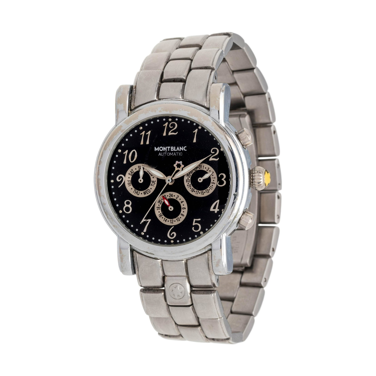 MONTBLANC, 18K WHITE GOLD AND STAINLESS STEEL REF. 4810: MONTBLANC, 18K WHITE GOLD AND STAINLESS STEEL REF. 4810 CHRONOGRAPH 'MEISTERSTUCK' WRISTWATCH 38.00 mm case diameter, black dial, Arabic numerals, center sweep seconds hand, subdials at 3, 6 and 9 o'c