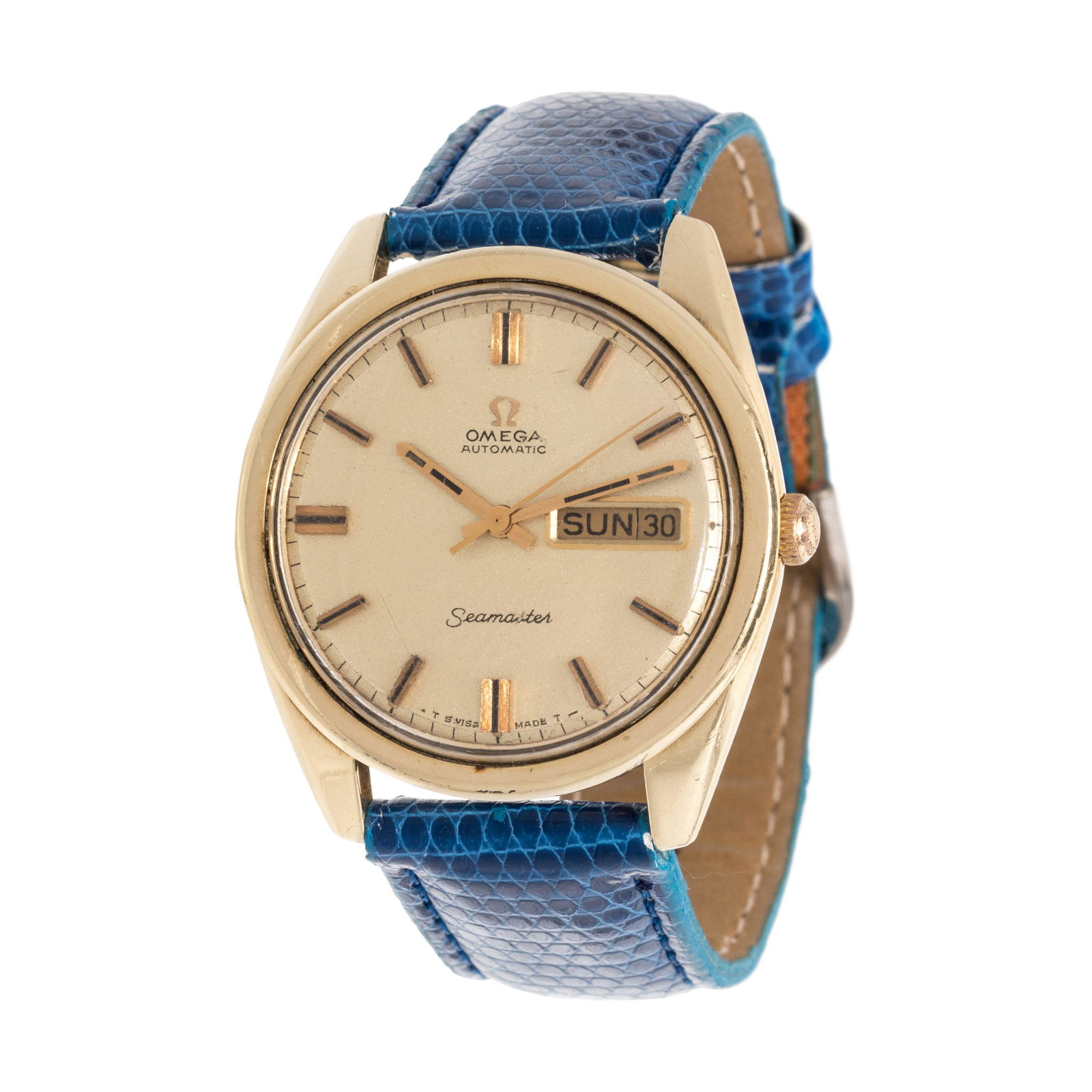 OMEGA, GOLD-PLATED 'SEAMASTER' DAY-DATE WRISTWATCH: OMEGA, GOLD-PLATED 'SEAMASTER' DAY-DATE WRISTWATCH 36.00 mm case diameter, matte gold tone dial, applied gold and black baton numerals, center sweep seconds hand and outer chapter ring calibrated to 6