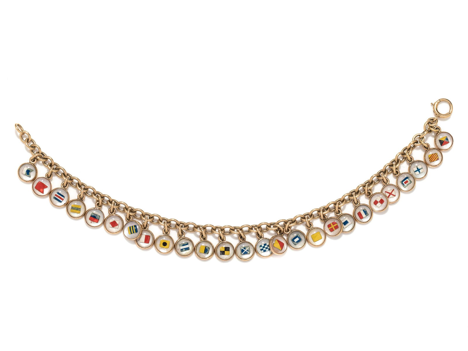 ESSEX CRYSTAL NAUTICAL FLAG BRACELET: ESSEX CRYSTAL NAUTICAL FLAG BRACELET Consisting of a cable link bracelet suspending 26 charms containing Essex crystal nautical flags, with corresponding alphabetical letter engraved on reverse. Mount