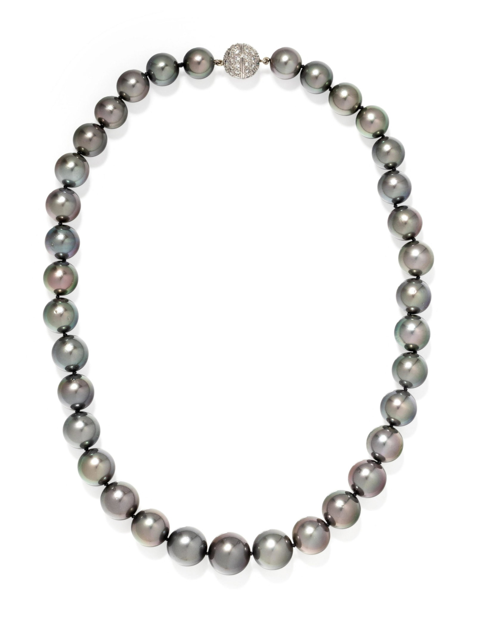 CULTURED TAHITIAN PEARL NECKLACE: CULTURED TAHITIAN PEARL NECKLACE Containing 35 Tahitian pearls measuring approximately 12.00-15.80 mm in diameter, strung knotted in a graduated style with white gold clasp containing 76 round brillia