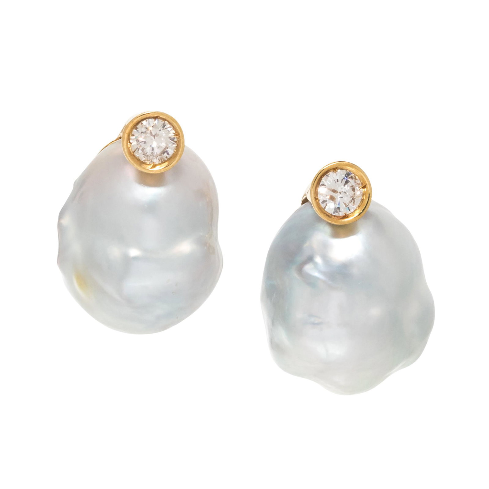 CULTURED BAROQUE PEARL AND DIAMOND EARCLIPS: CULTURED BAROQUE PEARL AND DIAMOND EARCLIPS Containing two Baroque pearls measuring approximately 14.20 x 18.20 mm and 14.70 x 18.30 mm and two round brilliant cut diamonds weighing approximately 0.50