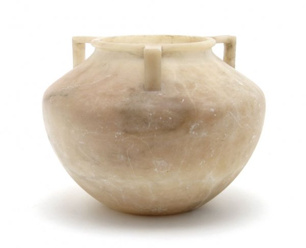 A Turned Alabaster Urn, Height 7 inches.: A Turned Alabaster Urn, of ovoid form with three handles. Height 7 inches.