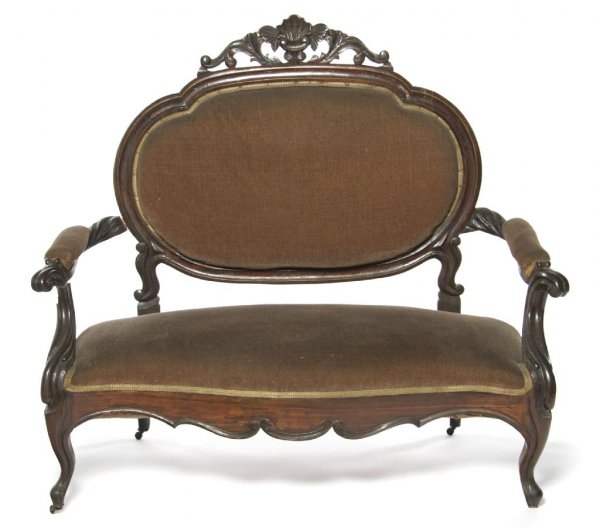 A Victorian Settee, Width 44 inches.: A Victorian Settee, having upholstered back, arms and seat within a pierce carved frame. Width 44 inches.