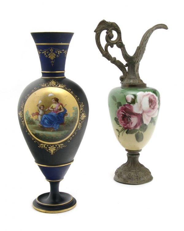 A Continental Porcelain Vase, Height of first 13 1/2 in: A Continental Porcelain Vase, of baluster form decorated with a classical scene, together with a cast metal mounted ewer with floral decoration. Height of first 13 1/2 inches.