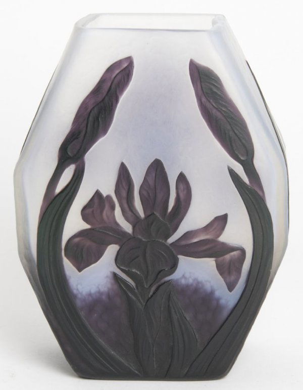 A Daum Cameo Glass Vase, Height 5 5/8 inches.: A Daum Cameo Glass Vase, of elongated hexagonal form decorated with a lilac, base signed Daum Nancy with the Cross of Lorraine. Height 5 5/8 inches.