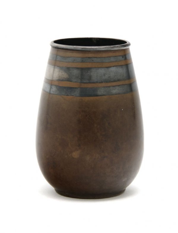 A French Mixed Metal Vase, Christofle, Height 4 inches.: A French Mixed Metal Vase, Christofle, the ovoid copper body with three silver bands, signed on base, stamped 122G. Height 4 inches.