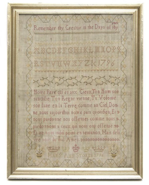 A Needlework Sampler, Mary Ann Stokes, Height 15 x widt: A Needlework Sampler, Mary Ann Stokes, dated 1796, in English and French, in a giltwood frame. Height 15 x width 11 1/2 inches.