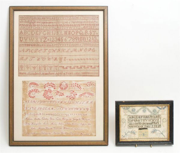 A Group of Three Needlework Samplers, Height of tallest: A Group of Three Needlework Samplers, 19th century, two framed together, the other in painted and parcel gilt frame. Height of tallest overall 22 1/4 inches.