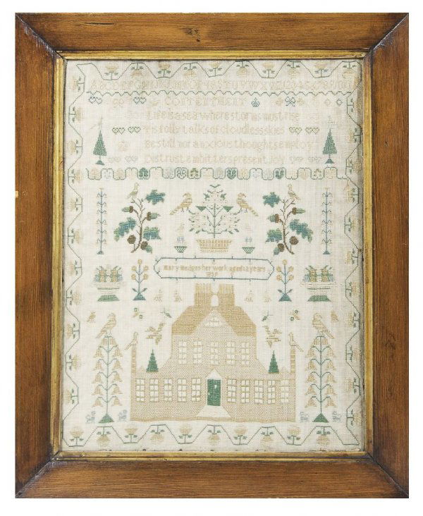 A Needlework Sampler, Mary Medges, Height 17 x width 13: A Needlework Sampler, Mary Medges, dated 1839, in a parcel gilt maple frame. Height 17 x width 13 inches.