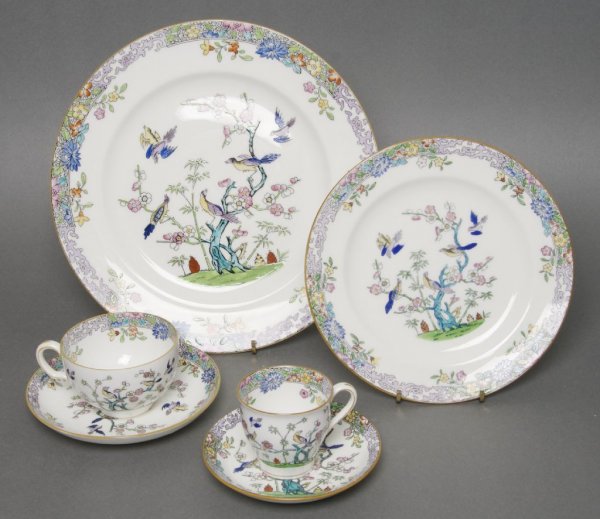 An Assembled Set of English Dinnerware, Minton, Diamete: An Assembled Set of English Dinnerware, Minton, retailed by Burley & Co., Chicago, comprising six teacups, four coffee cups, eight tea saucers, six coffee saucers and eight luncheon plates. Diameter o