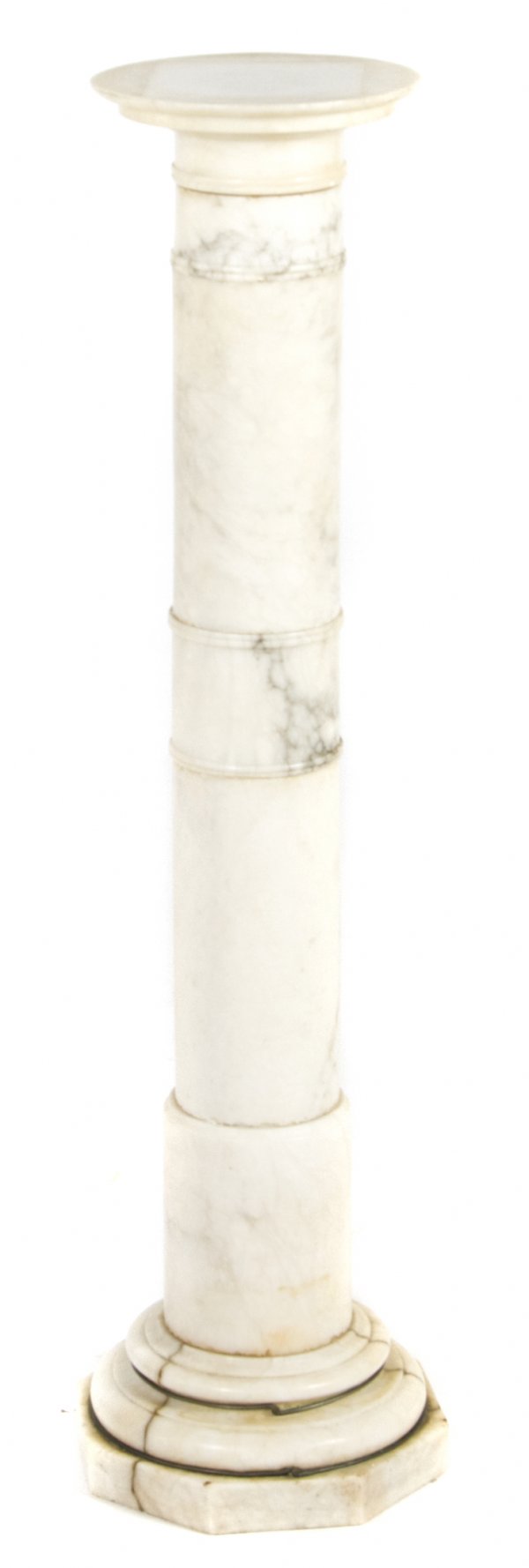 An Alabaster Column, Height 40 inches.: An Alabaster Column, having ring turned decoration on an octagonal base. Height 40 inches.