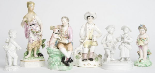A Collection of Six English and Continental Ceramic Fig: A Collection of Six English and Continental Ceramic Figures, including items by K.P.M., Derby, Capodimonte and Rockingham. Height of tallest 7 inches.