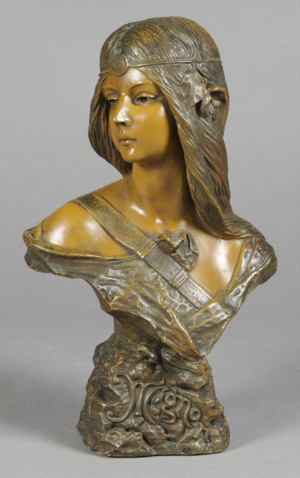 A Plaster Bust of a Woman, Mignon, Height 18 inches.: A Plaster Bust of a Woman, Mignon, having faux bronze finish throughout, having raised artist's signature at front with the date 1831 at back. Height 18 inches.