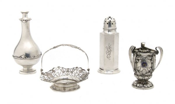 An American Sterling Silver Trophy, Gorham, Height: An American Sterling Silver Trophy, Gorham, of tyg form, awarded for the 16 LB Shot, 1916, with enameled decoration, together with Frank W. Smith sterling caster, a Whiting oil bottle and an English s