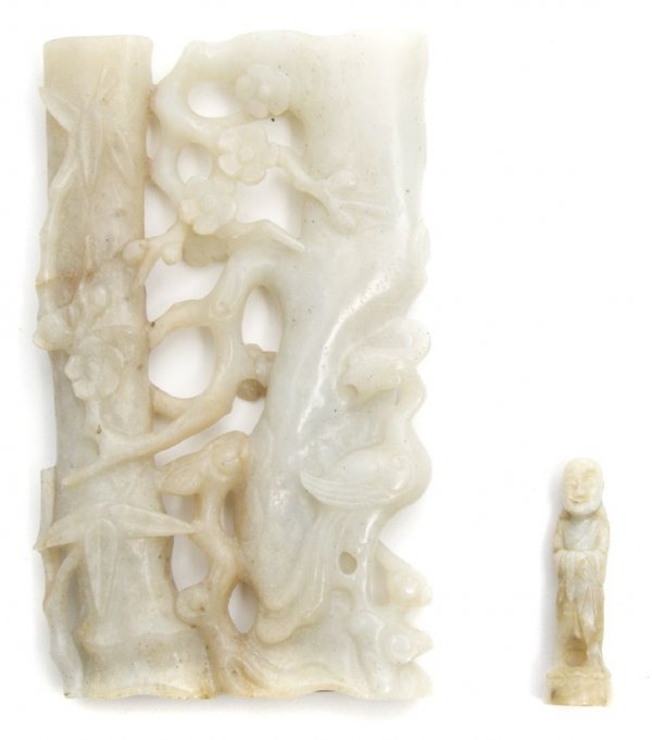 A White Jade Double Vase, Height 5 inches.: A White Jade Double Vase, of bamboo and cherry tree trunks with pierced carving between, together with small white jade carving of Buddha. Height 5 inches.