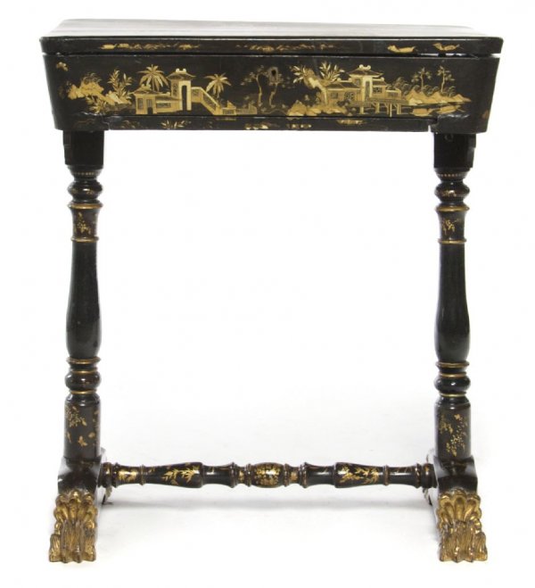 A Chinese Export Black Lacquer and Gilt Work Table: A Chinese Export Black Lacquer and Gilt Work Table, 19th century, of rectangular form with gilt decoration of Chinoiserie scenes on the surface, the interior lacquered and fitted with two compartments
