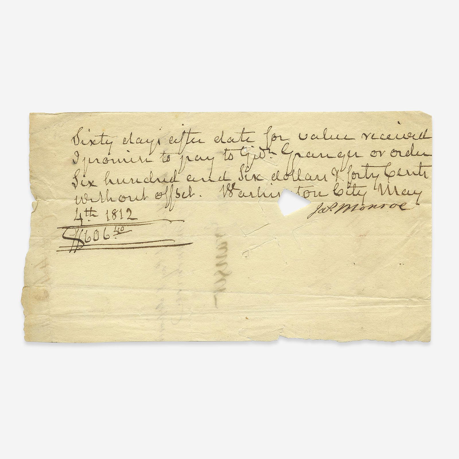 [Presidential] Monroe, James, Signed Promissory Note (1 of 3)