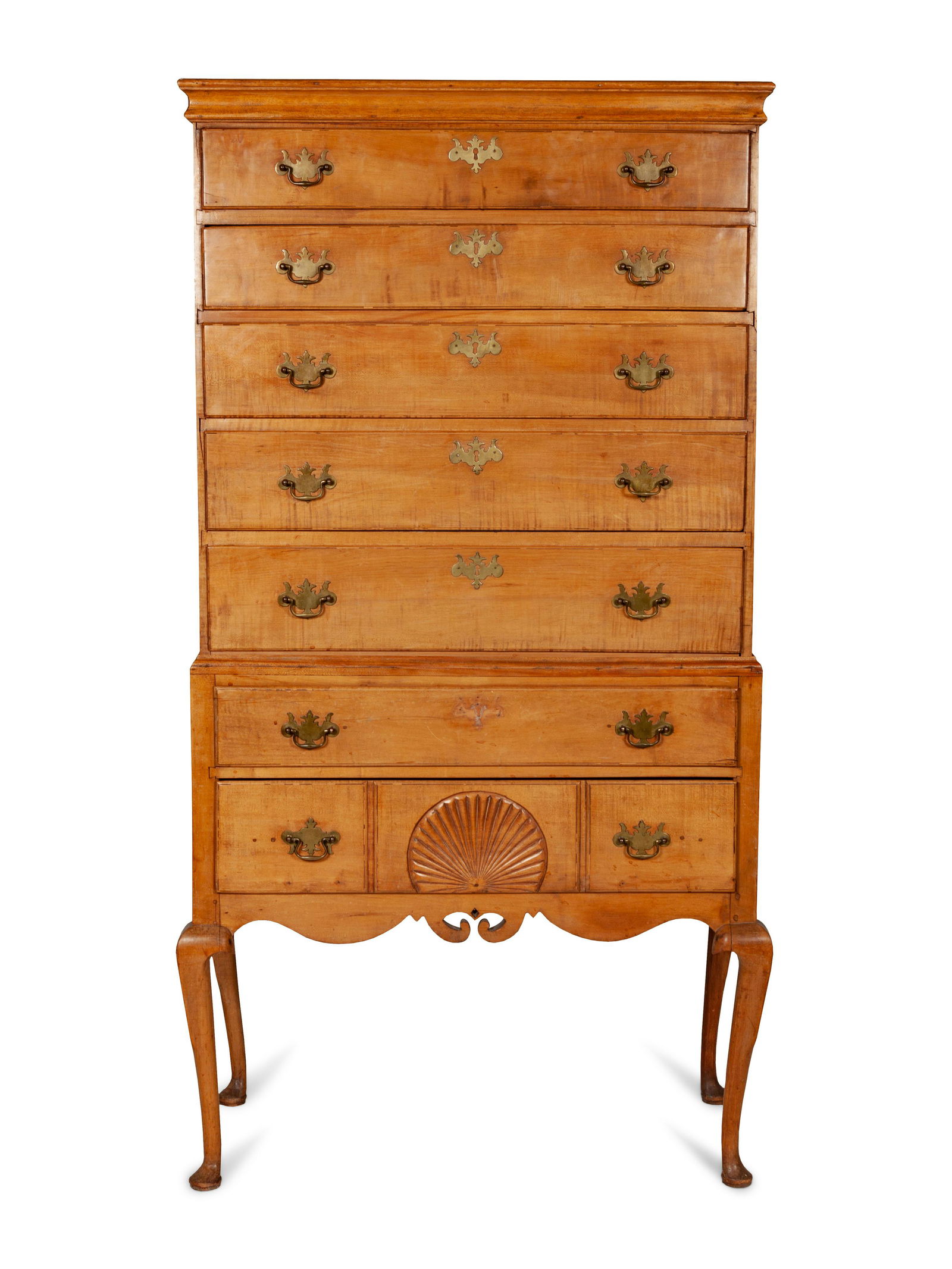 A Queen Anne Figured and Carved Maple Flat-Top High (1 of 2)