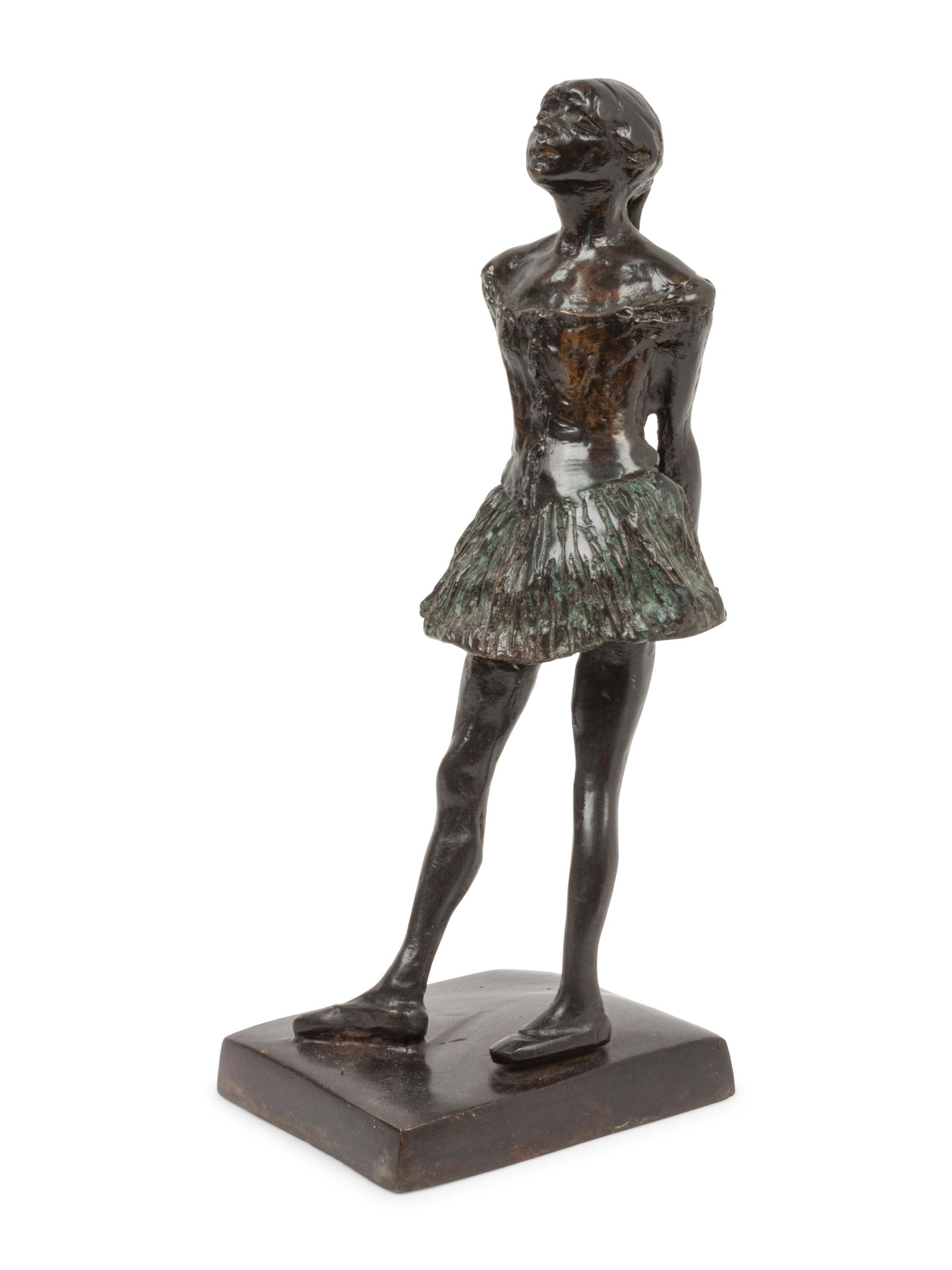 A Pair of Bronze Figures, One After Edgar Degas Tallest: A Pair of Bronze Figures, One After Edgar Degas 20th century includes a bronze ballerina after Degas and a bronze of a nude man with spread arms Tallest height 10 1/4 inches. Property from the Collect