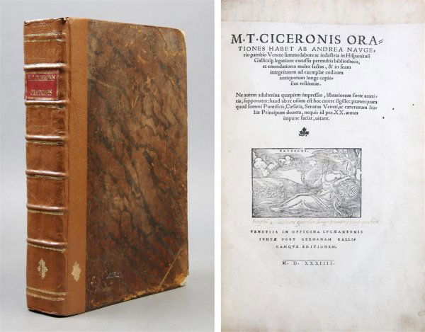 CICERO, MARCUS TULLIUS. M.T. Ciceronis ab Andrea Na: CICERO, MARCUS TULLIUS M. T. Ciceronis habet ab Andrea Naugerio. Venice: Lucae Antonii Iuntae, 1534. Folio, contemporary leather boards rebacked with modern leatherette, six raised bands, gilt titles