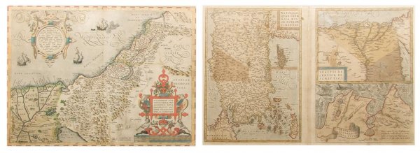 (MAP) ORTELIUS, ABRAHAM Size of frame 20 x 26 1/4 i: (MAP) ORTELIUS, ABRAHAM A group of two maps of the Holy Land and surrounding Mediterranean. (Antwerp, c. 1580). Hand-colored. Framed and matted. Palestinae sive totius terrae promissionis nova descrip