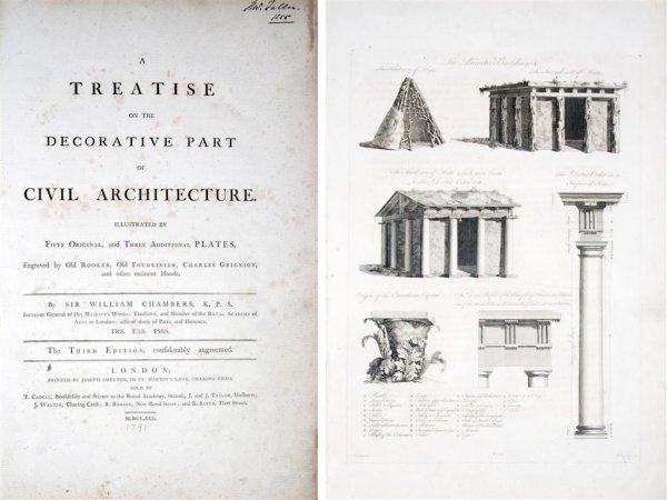 (ARCHITECTURE) CHAMBERS, WILLIAM SIR. A Treatise on: (ARCHITECTURE) CHAMBERS, WILLIAM SIR A Treatise on the Decorative Part of Civil Architecture. London: Joseph Smeeton, 1791. Folio, half calf over marbled boards. Third edition. Illustrated with 53 pla
