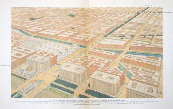 (ARCHITECTURE, CHICAGO) BURNHAM, DANIEL: (ARCHITECTURE, CHICAGO) BURNHAM, DANIEL Plan of Chicago. By Daniel Burnham and Edward H. Bennett. Edited by Charles Moore. Chicago: The Commercial Club, 1909. 4to, original green cloth, top edge gilt.