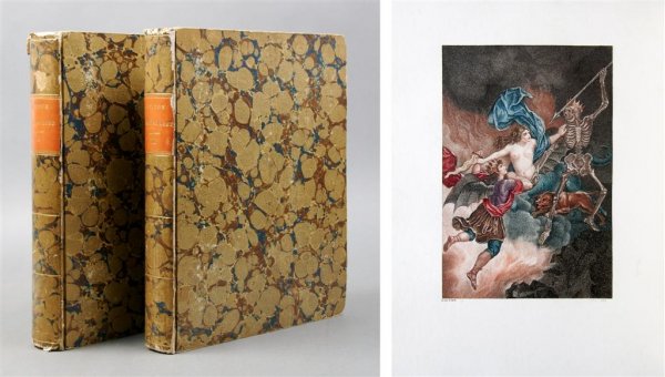 MILTON, JOHN. Le Paradis Perdu. Paris, 1792. 12 co: MILTON, JOHN Le Paradis Perdu. By John Milton. Paris: Chez Defer de Maisonneuve, 1792. 2 vols. Large 4to, original marbled boards with orange leather spine labels. French and English edition. Illustra