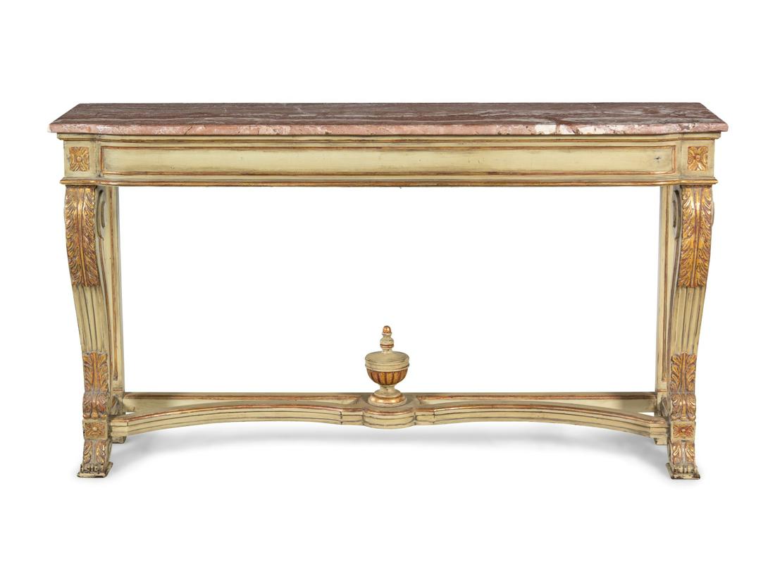A Louis XVI Style Painted and Parcel Gilt Marble-Top: A Louis XVI Style Painted and Parcel Gilt Marble-Top Console Table Circa 1920 Height 34 1/2 x width 61 x depth 16 inches. Property from the Collection of Steven Huffines, San Francisco, California