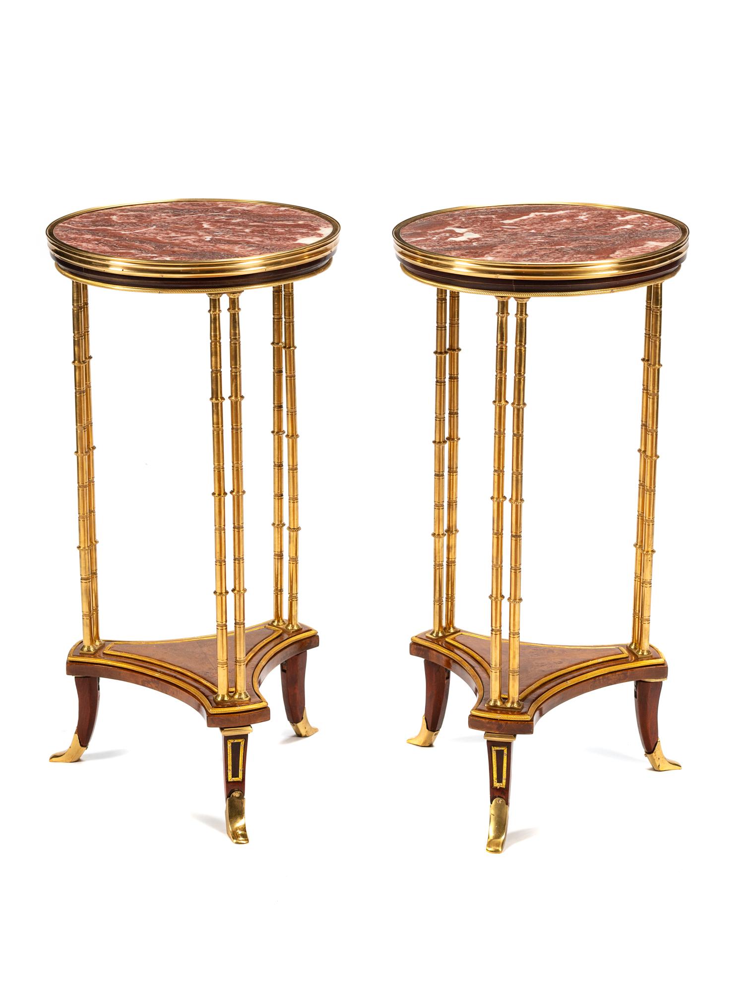 A Pair of French Gilt Bronze Marble-Top Gueridons: A Pair of French Gilt Bronze Marble-Top Gueridons Manner of Adam Weisweiler, 20th Century Height 29 1/2 x diameter of tops 15 1/2 inches.