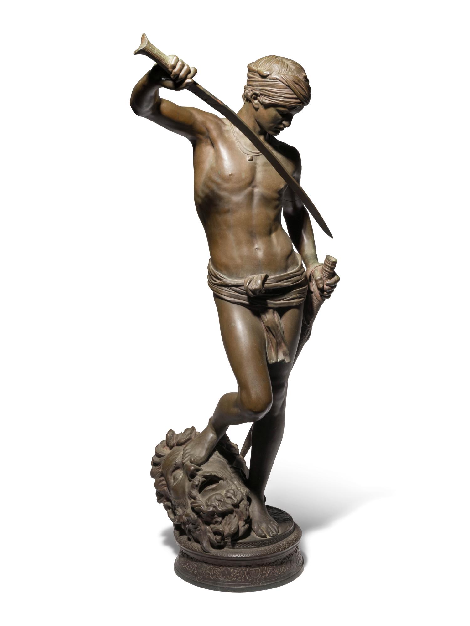 After Antonin Mercie (French, 1845-1916): After Antonin Mercie (French, 1845-1916) Late 19th Century David and Goliath bronze signed A. Mercier Height 28 x width 14 x depth 9 inches.