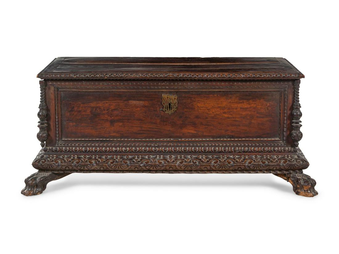 An Italian Walnut Cassone: An Italian Walnut Cassone 17th/18th Century Height 24 x width 50 inches. Property from the Collection of Michael Sarver, Paradise Valley, Arizona